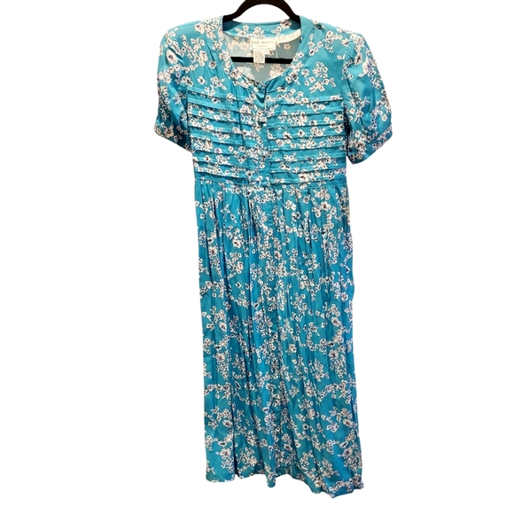 Vintage Karin Stevens Petites Blue/White Floral Pleated Dress with buttons Sz 10 - Picture 1 of 7